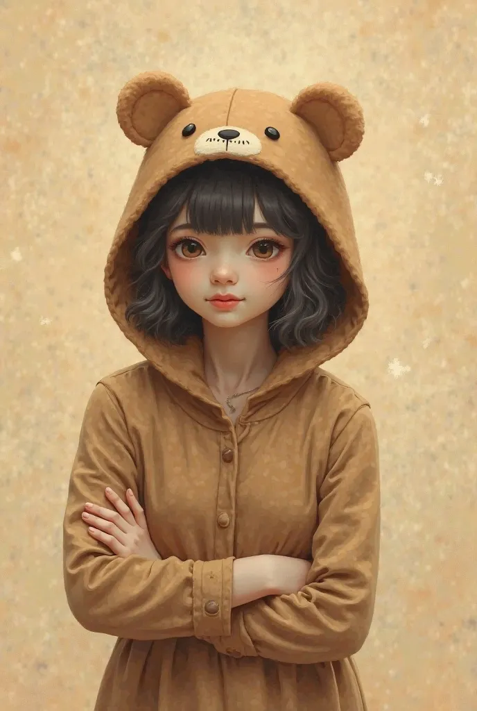 make a painted girl without a face with a bear hat in light brown clothes on a warm brown background