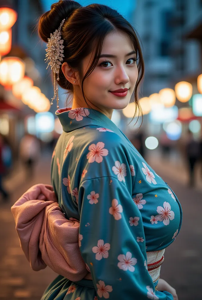 Enhance the image、 hairpin with a diamond、She alone、Back to back、A beautiful butt that sticks out、8 o'clock at night, glittering city lights、Gold Dustが多く舞散る、Ancient Japanese kimono、The color of the kimono with the detailed flower pattern is blue、silk、 hair...