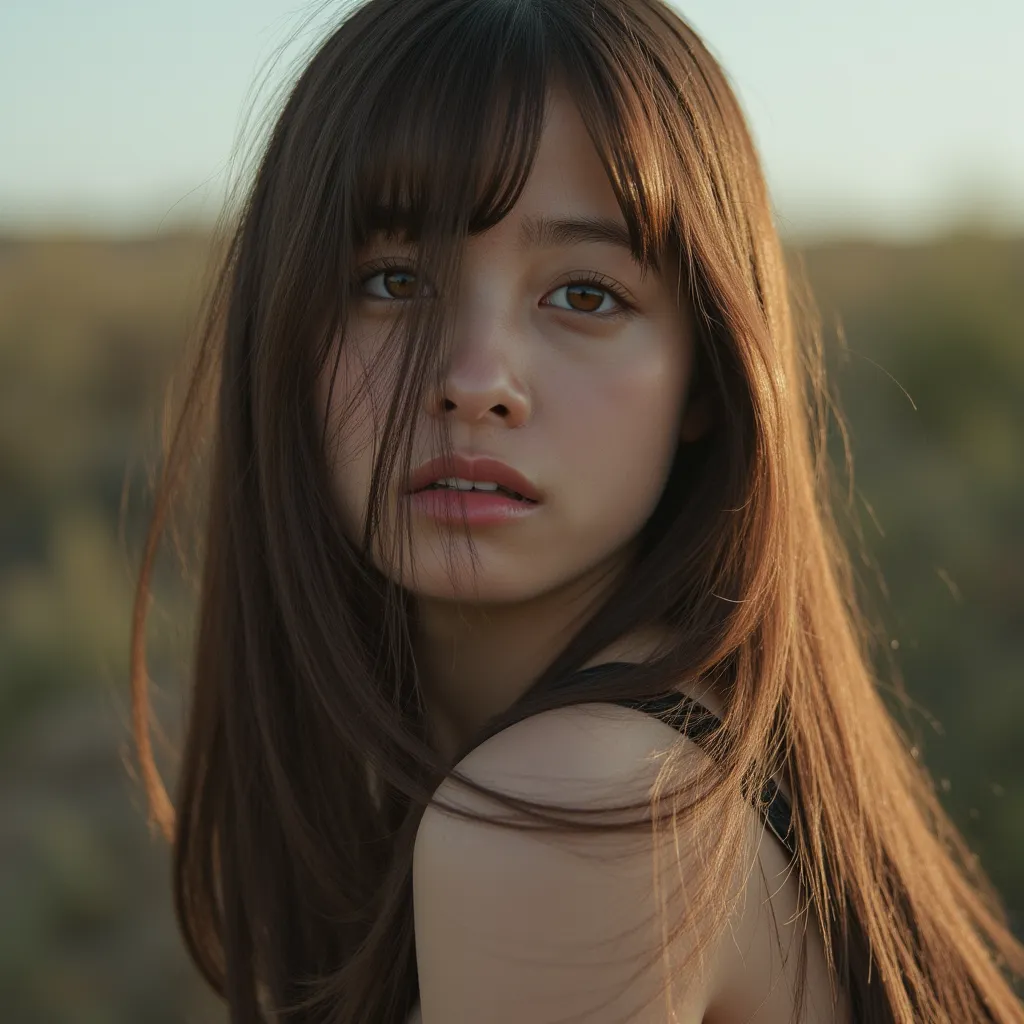 A girl, high resolution, Solo,  long hair,  light brown hair without a hat, side view, 