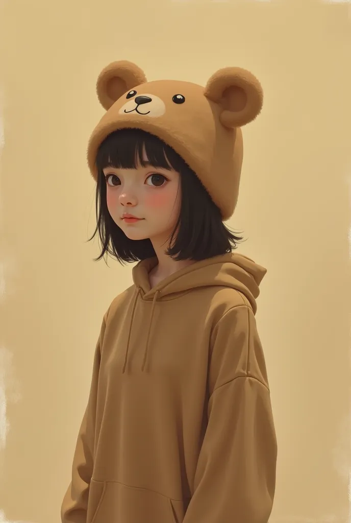 make a painted girl without a face with a bear hat in light brown clothes on a warm brown background