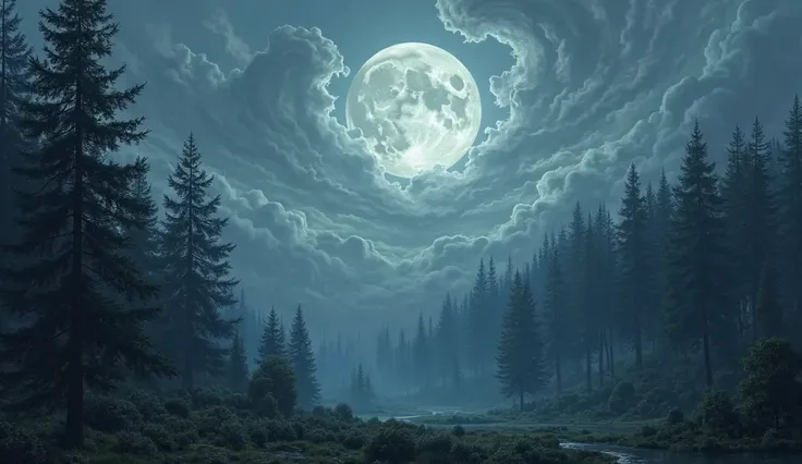 A dark conifer forest landscape at night and a big moon shining through the clouds