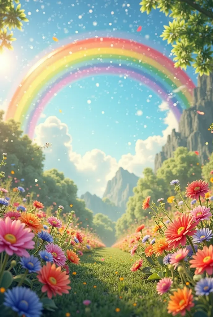 Spring landscape picture with rainbow and lots of flowers..any more beautiful?