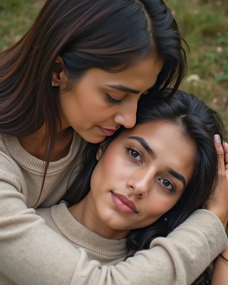 A close-up image of two  pakistani women. older woman is looking away from camera and her face is hidden from camera, likely to be in her fifties, with dark brown hair, is gently resting her forehead on the head of a younger women who is in her mid thirtie...