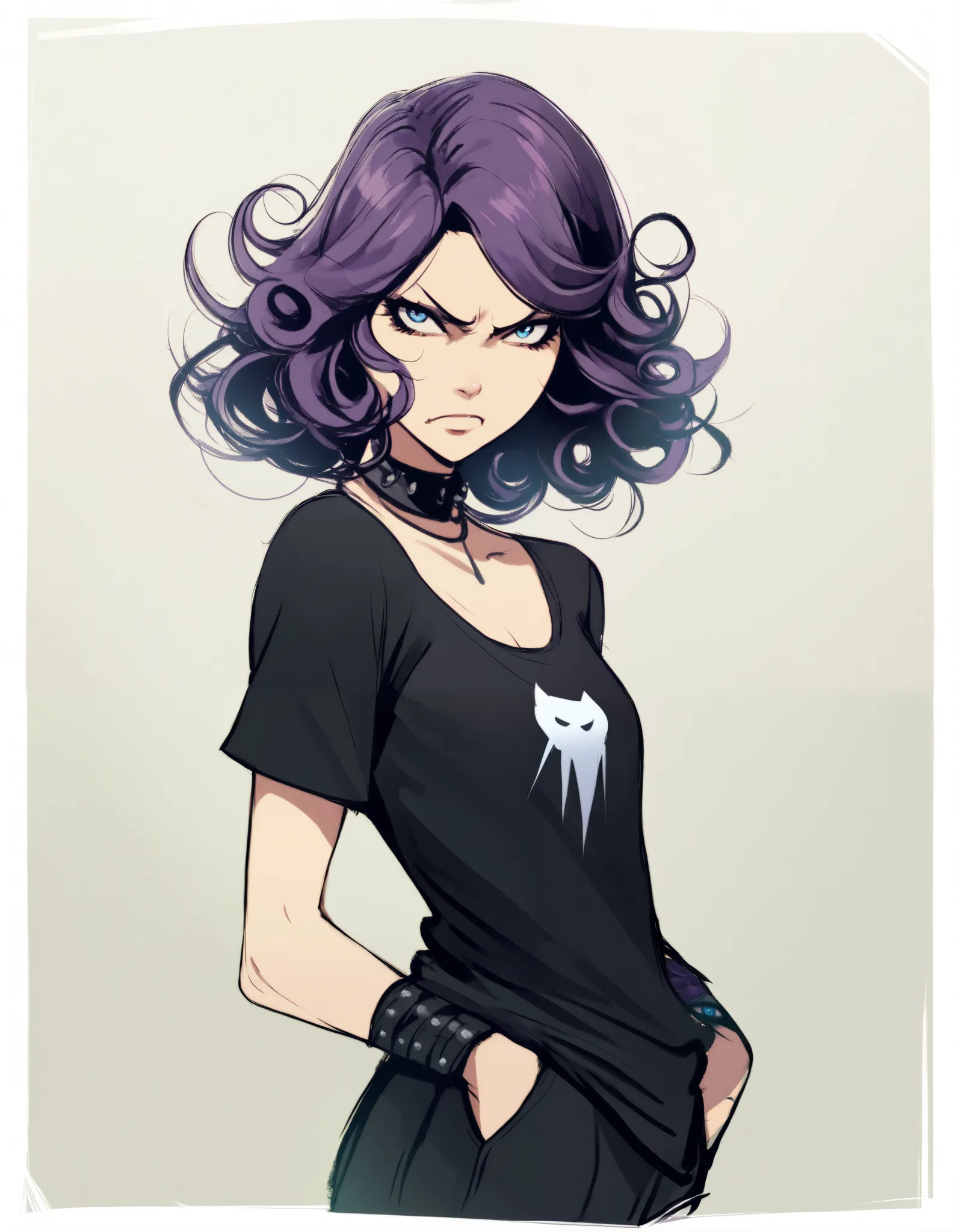 1girl, amy spiegel, prison school, safe, solo, skinny nerd, androgynous goth, emo fashion, standing, medium shot, blue eyes, purple hair, curly hair, angry expression, year 2018, masterpiece, high score, great score, absurdres