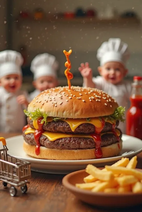 An ultra-realistic photo of a team of 9-month-old babies, all wearing chef's suits and hats, little workers celebrating the completion of a burger. The burger sits on a plate in the background. There are little workers taking pictures, waving in victory, a...