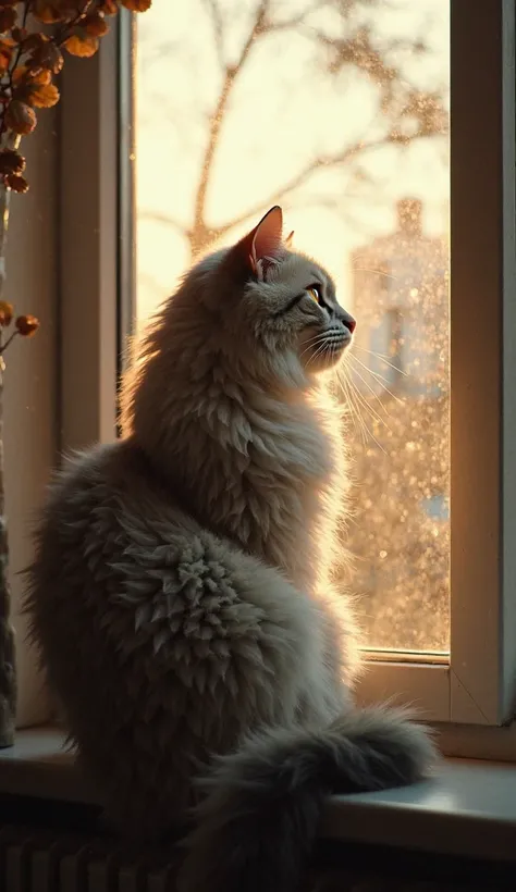 "A fluffy cat sitting on the windowsill, gazes outwards with deep, dreamlike eyes. The light of the afternoon sun shone on his fur, creates a warm and cozy effect .  Outside the window , a view of a city or park with leaves swaying in the wind. Calm and me...