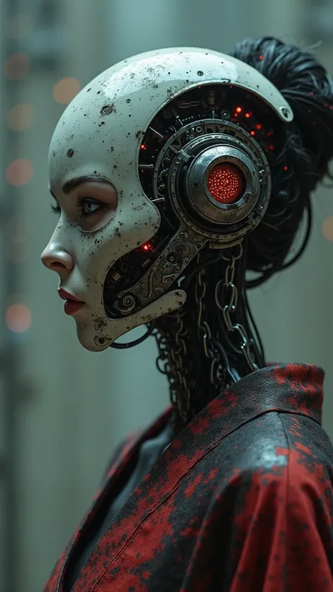 in ckbas style, the hero woman Geisha is an android, the cyborg's mask is open, the mechanical parts of the robot are visible inside, the android is very sinister and dangerous, from the epic movie Ghost in Armor, background of Japanese Erie laboratory