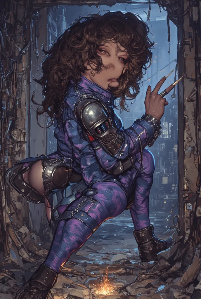 A gorgeous lady in the role of Princess Leis (sexy revealing violet and blue camouflage combat armor, weapon, iconic hairdo), she is in action poses exploring an alien base, the interior has a lot of battle damage (hanging wires, spark, small fires, holes)