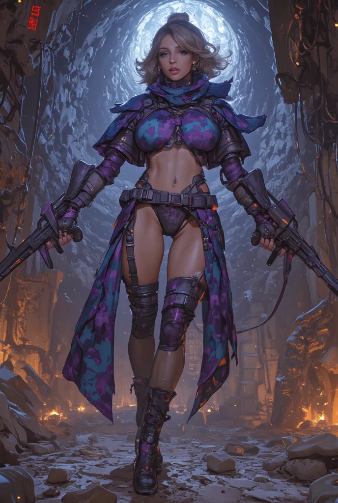 A gorgeous lady in the role of Princess Leis (sexy revealing violet and blue camouflage combat armor, weapon, iconic hairdo), she is in action poses exploring an alien base, the interior has a lot of battle damage (hanging wires, spark, small fires, holes)