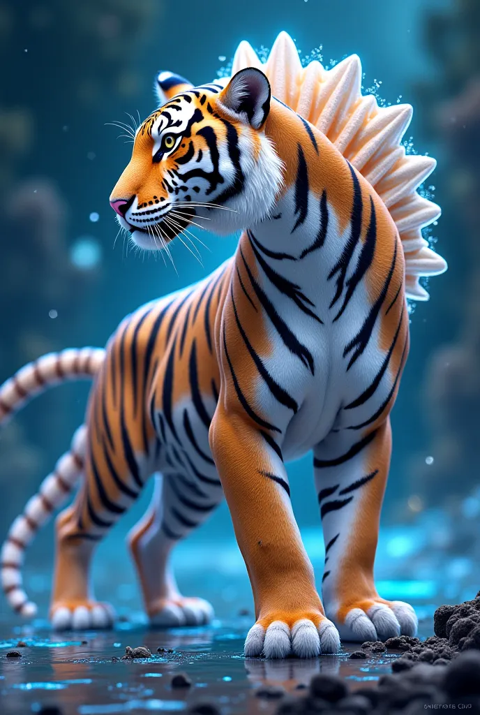 Create an image of a tiger and seashell hybrid fusion with the following details:

The creature has the body of a powerful tiger, but its fur features seashell-like textures and patterns, resembling the ridges and swirls of ocean shells.

Its stripes are c...