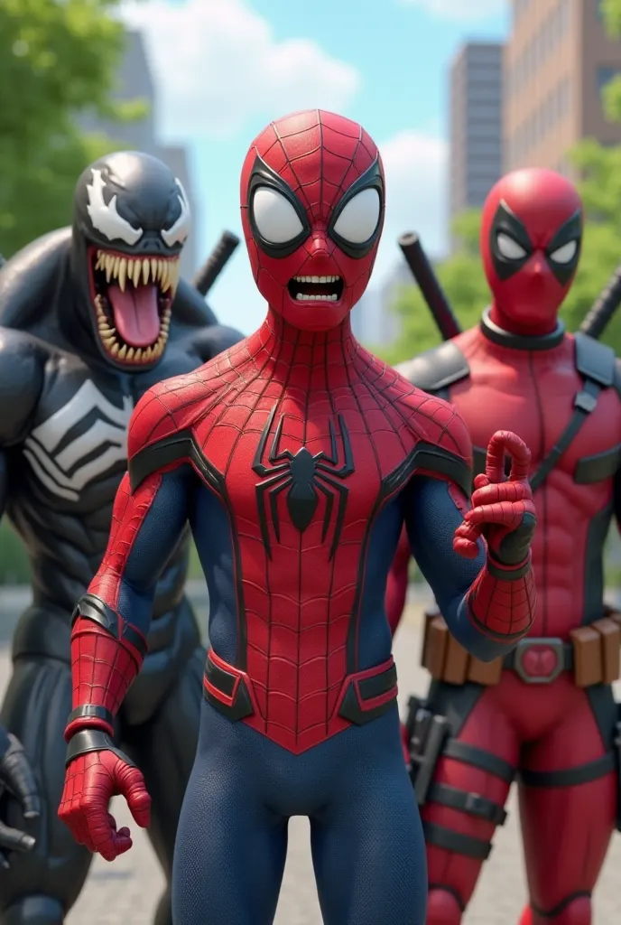 8k realistic ultra HDR A digital illustration of Spider-Man, Venom, and Deadpool. Spider-Man, positioned centrally in the image, is a cartoonish depiction of the character. He is wearing a red and dark blue suit with a spider design.  His facial expression...