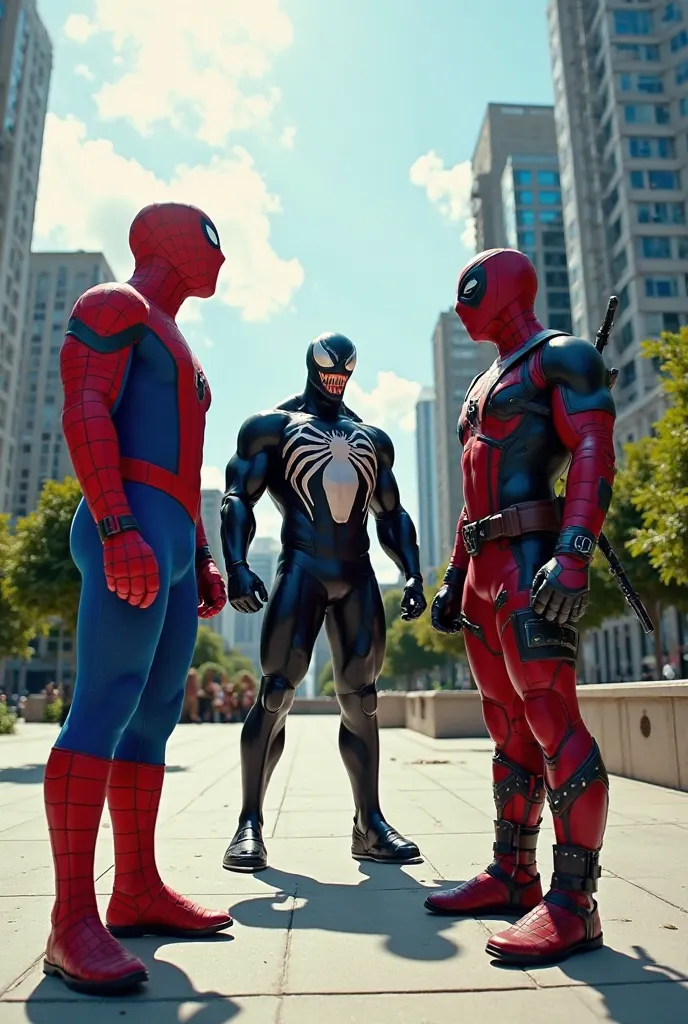 8k realistic ultra HDR Three superheroes stand on a city sidewalk.  Spider-Man, a light-skinned male , is positioned on the left, wearing a red and blue suit with spiderweb design.  Deadpool, a light-skinned male , is on the right, in a red suit with black...