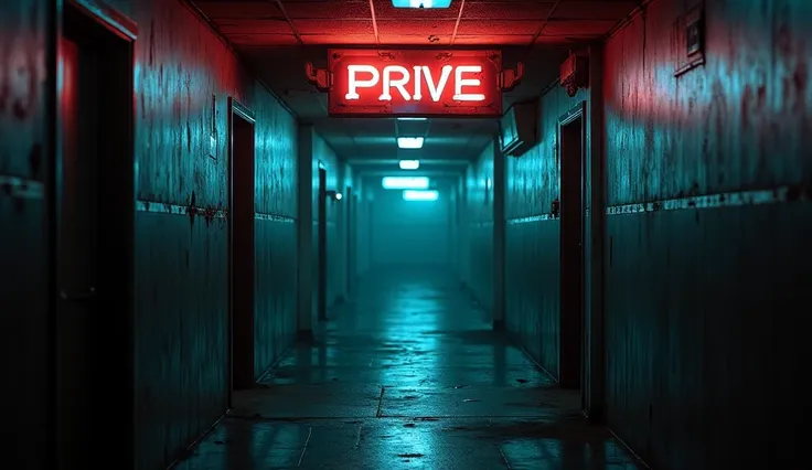 A dimly lit, abandoned hallway with flickering neon signs, eerie silence, and a sense of nostalgia. The walls are slightly damp, and the floor reflects the faint glow of distant, unseen light sources. The atmosphere feels unsettling yet oddly familiar, as ...