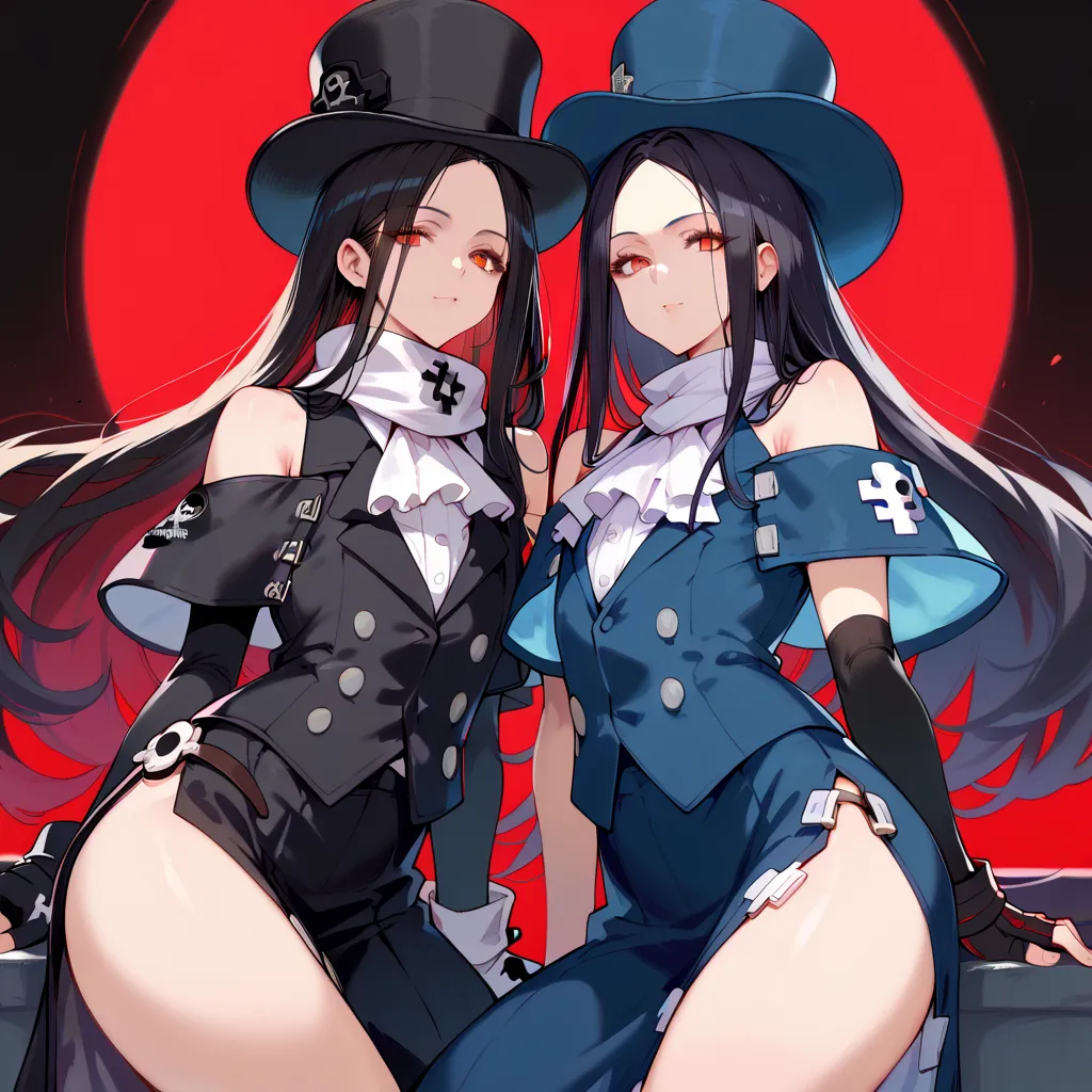 seductive poses, 1other, androgynous, looking at viewer, testament\(guilty gear\), o, black hair, red eyes, long hair, formal, BLACK SLEEVES, detachable sleeves, scarf, top hat, long black skirt, side slit, black vest, fingerless gloves, bare shoulders, as...