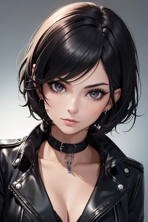 a beautiful adult woman, age group 30 years ,           with short black Pixie-style hair,     open in front    ,  black eyes combining black leather jacket with short black blouse and choker with buckle ((1.2)) ((  pretty face)) ((   masterpiece)) ((    e...