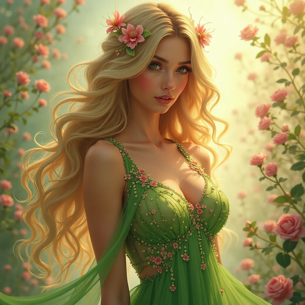 To create a similar image, you could use the following prompt idea:

Prompt:
"A stunning woman with long, wavy hair in shades of blonde and green, adorned with delicate pink flowers. She wears an intricately designed, shimmering green dress inspired by nat...