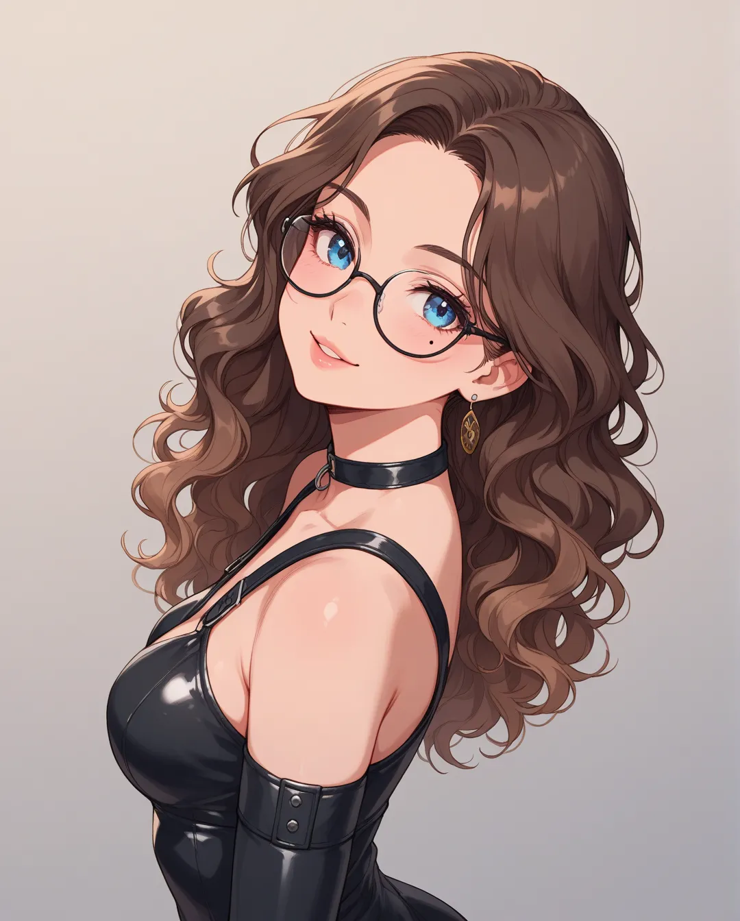 (close portrait), (from above:1.3), (head tilt:1.3), 1girl, colour gradient,  black mini bodysuit shapewear, ( romantic view, slight smile, look from under glasses, side view, (from above: 0.7)), sketch, graphite, without makeup), (tall, short wavy hair, b...