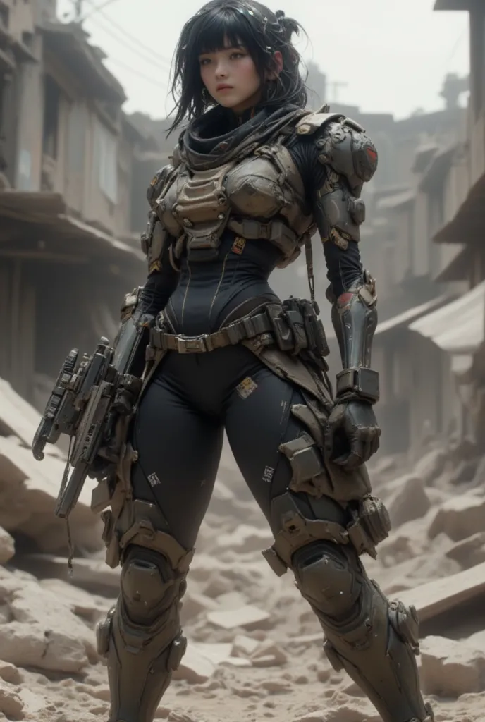 Realistic Near Future 、 realistic expression、 Standing in the Dust 、 Beautiful Japanese Women in Allied Special Forces、I connected the blaster gun to the、jpn mark 、 The damage battle suit 、Futuristic headgear、、 Scattered rubble、  Accurate and Detailed Equi...