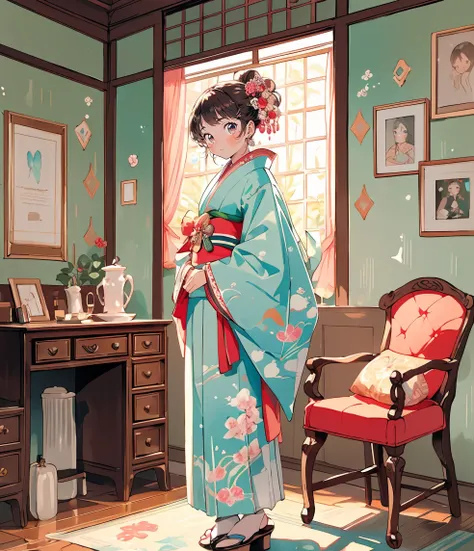 ((masterpiece:1.2)), ((Best Quality:1.2)), 2girls, (court ladies, girl, facing each other, between two chairs, center of the room, like beautiful hina doll, kimono), (side shot, standing), peach blossoms, Japanese-style room, playing joyfully, bright sprin...