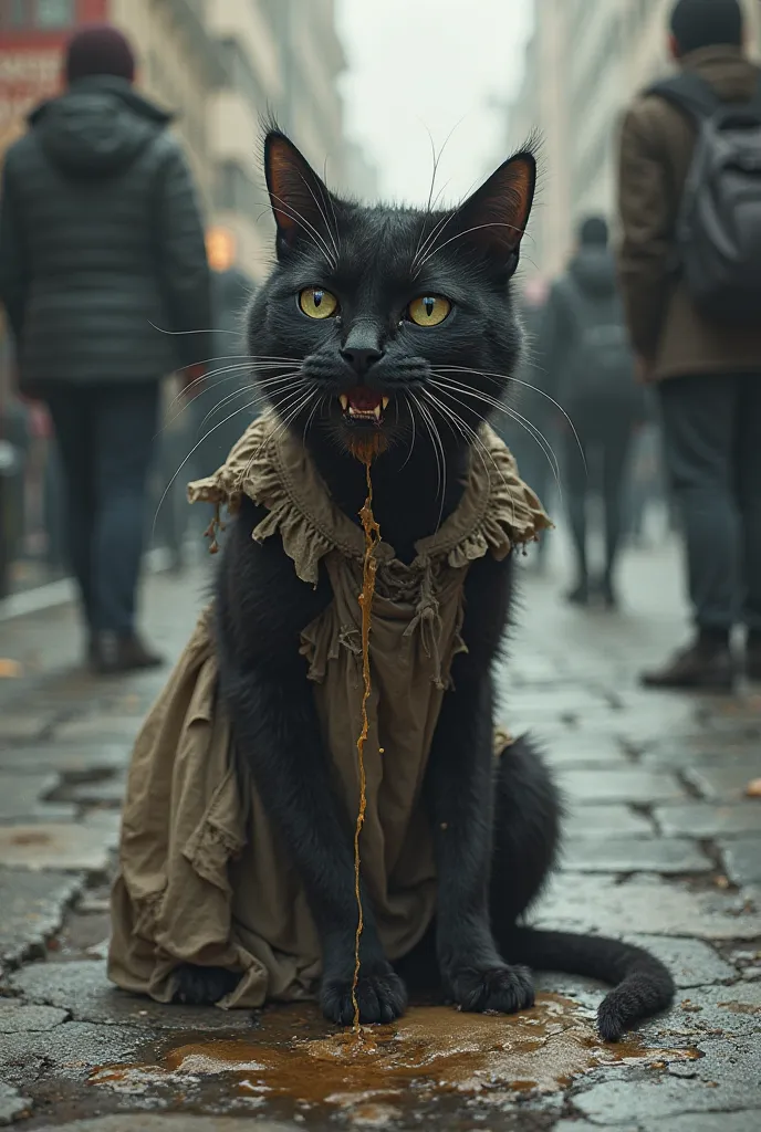 An ugly black cat in a tattered dress vomits on a crowded street