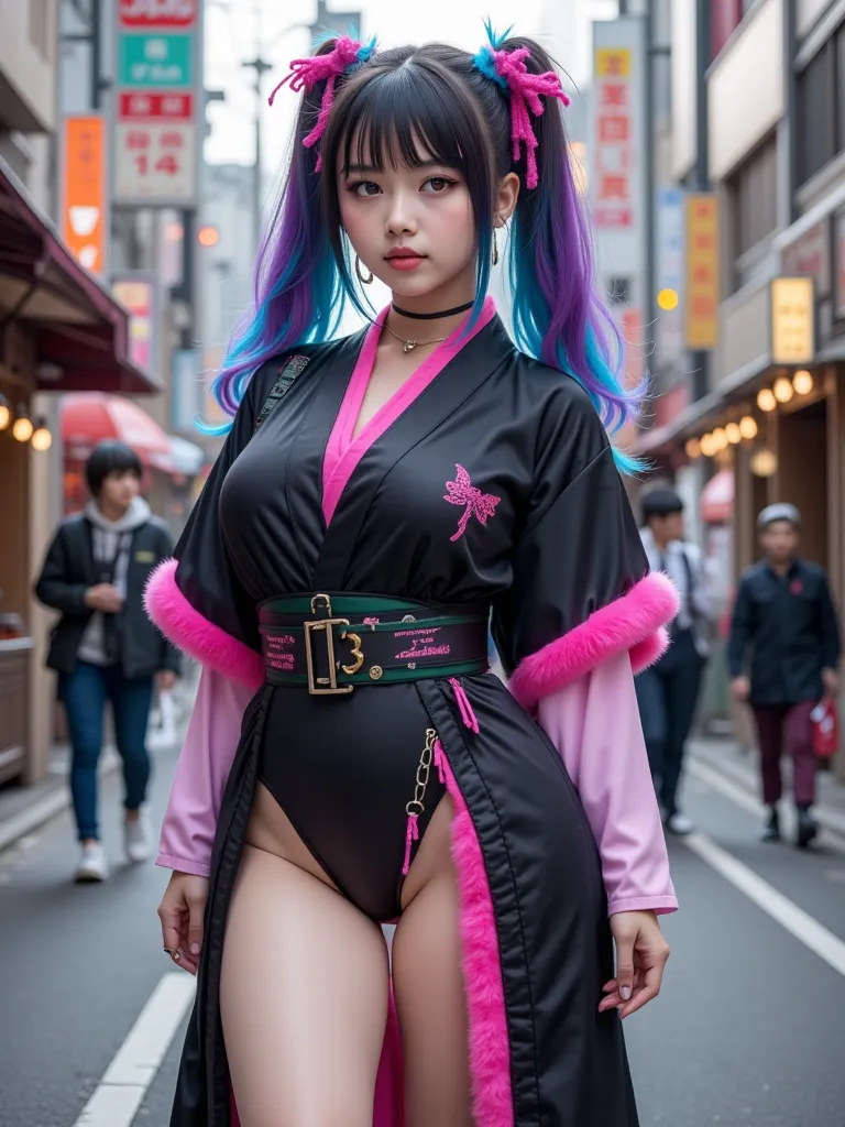 Twin Tails Colorful Hair，Vortex thunder type， Black Japanese-style Outfit Simple Large Kimono-like Trainer Loose and Fluffy Neon Color Accent at the End of the Outfit，Japanese and Western， fishnet tights，black boots，Takeshita Street Harajuku Youth Less Exp...