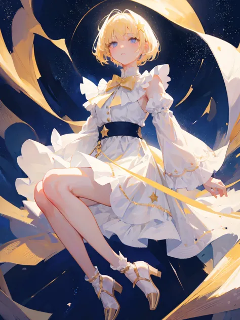 Night full of stars, moon, beautiful sky, girl, blond hair, short hair, white dress, skirt with lots of frills, the background is space, the whole body, the night sky, the stars, everything from head to foot