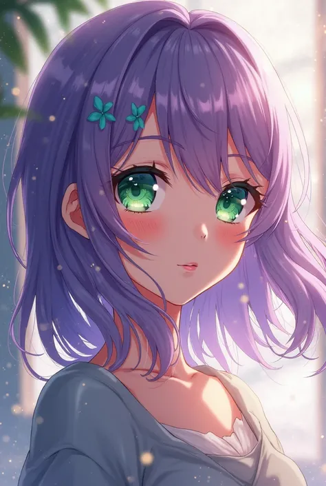 Anime girl with purple hair and green eyes 