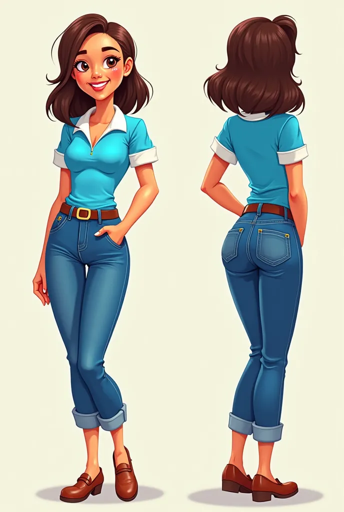 cartoon lady，full body，Three views， front view ，side view，Rear View，Blue top，white collar， jeans 