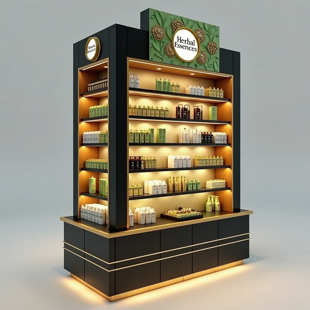 
*"Premium gondola tip design for Herbal Essences, combining luxury and nature. The structure is made of fine wood with details in gold and matte black, providing an elegant and sophisticated style. The shelves are made of tempered glass with golden metal ...