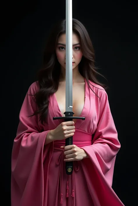 A brunette girl big breasts wearing pink kimono and hold a white sward upside dowm stands with giving pose and black background taking a realistic photo