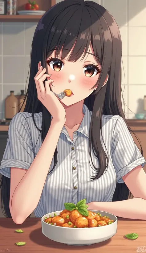 ((eating food using a fork))　cute face　bust up　moe style,((food with one hand on my cheek)) 　straight hair that reaches the shoulders - (Short sleeve襟付ボーダーシャツ) - Onyx　striped collared shirt　 long hair　white striped shirt　Anime Picture　　　(黒髪long hair)　　　 25...