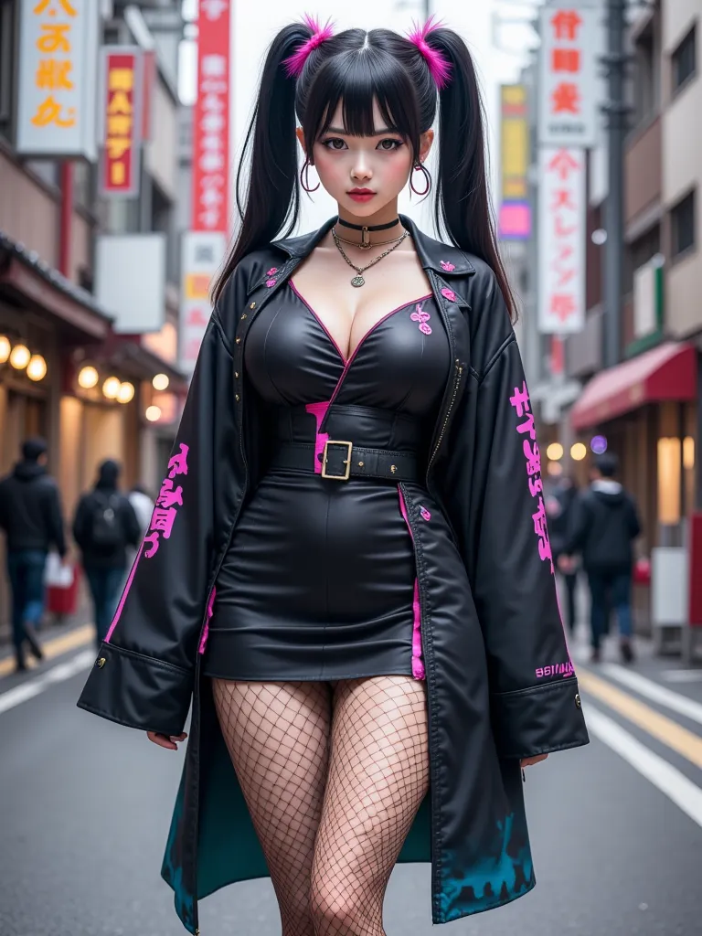 Twin Tails Colorful Hair，Vortex thunder type， Black Japanese-style Outfit Simple Large Kimono-like Trainer Loose and Fluffy Neon Color Accent at the End of the Outfit，Japanese and Western， fishnet tights，black boots，Takeshita Street Harajuku Youth Less Exp...