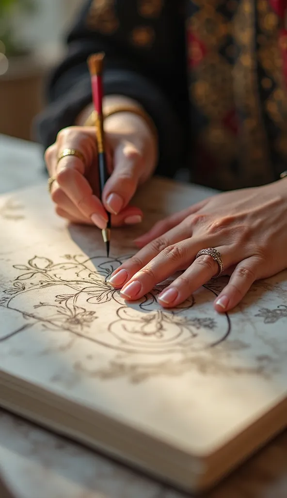 A close-up of a woman’s hands elegantly designing, painting, or writing on a luxurious marble tabletop, symbolizing creativity and strength. Her fingers move with precision, adorned with delicate rings or traditional bangles, as she brings her artistic vis...