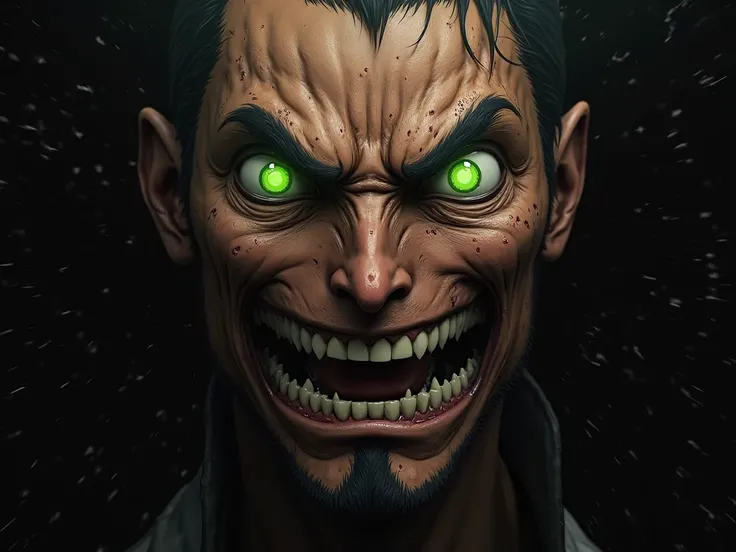 On the right, the face of attacking titan Eren Yeager with green eyes on a black background