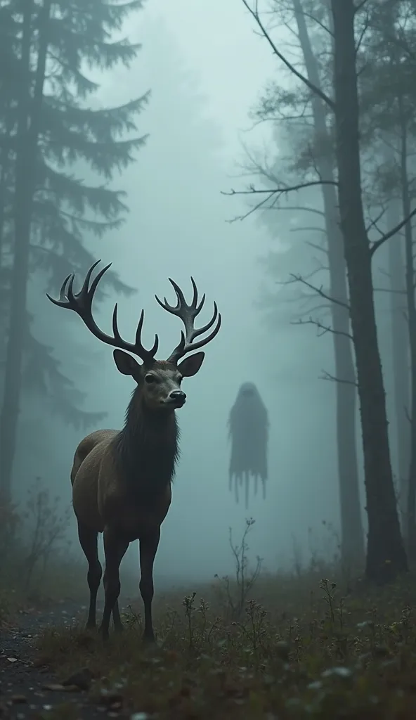 A noble deer stands in a quiet, fog-laden forest, its ears twitching as if sensing something unseen. In the distance, a wraith drifts between the trees, its translucent form weaving through the mist like a forgotten nightmare.