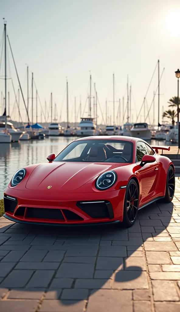 parked a Porsche 911,  Model 2025 , red, ,  realism, render with texture and lighting effects that border on reality. Marina with boats in the background.  exquisite environment.