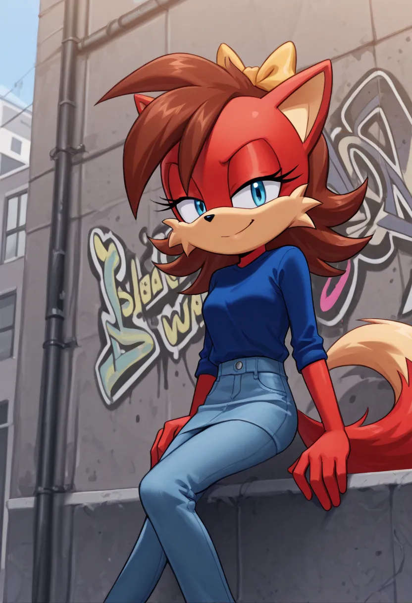 Fiona The Fox, 🦊 A woman in a blue shirt and jeans stands near a building covered with graffiti, smiling, 1 girl, solo, long hair, skirt