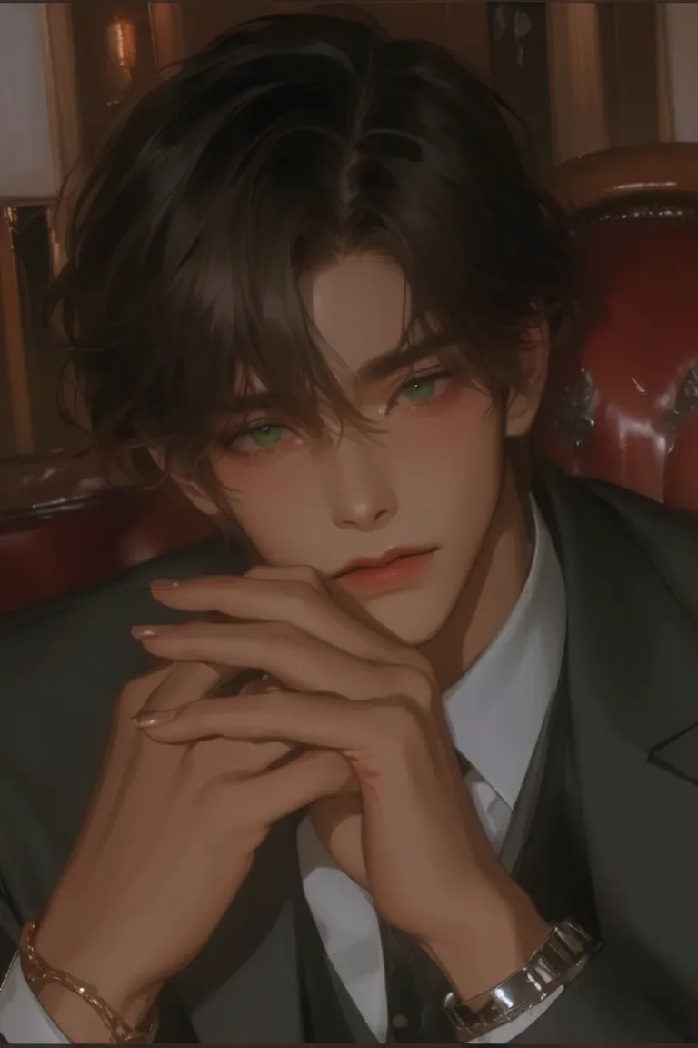  What man , young,   brown skin to eat hands,  green eyes,  brown hair ( The bangs cover all of the forehead, short hair) ,  Sitting ,  Enquiry, dark gray business suit,  beautiful and handsome , 