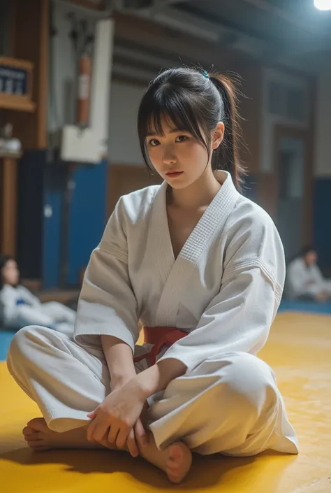 ((judo-Club für womanen))、sitting cross-legged、  sweaty 、underwear、Judo fighters、The lower body is a JUDO uniform、(沢山  sweaty )、 ponytail、cute girl、(((background judo dojo )))、 20 years old、woman,  cute、Super detailed,(((realistic, photo realistic, photo-r...