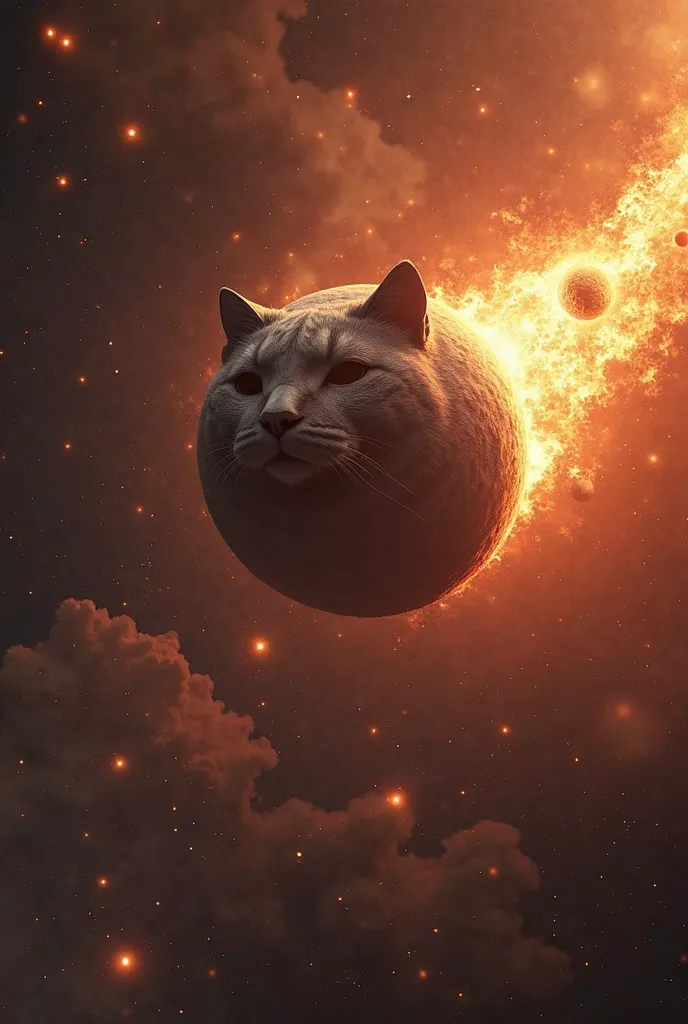 (masterpiece), (ultra-detailed:1.3), best quality, clear focus, dramatic scene, cinematic, shadow, planet like meteoroids flying trailing flames in space, each meteoroids look like a giant fat cat face patterned on the surface