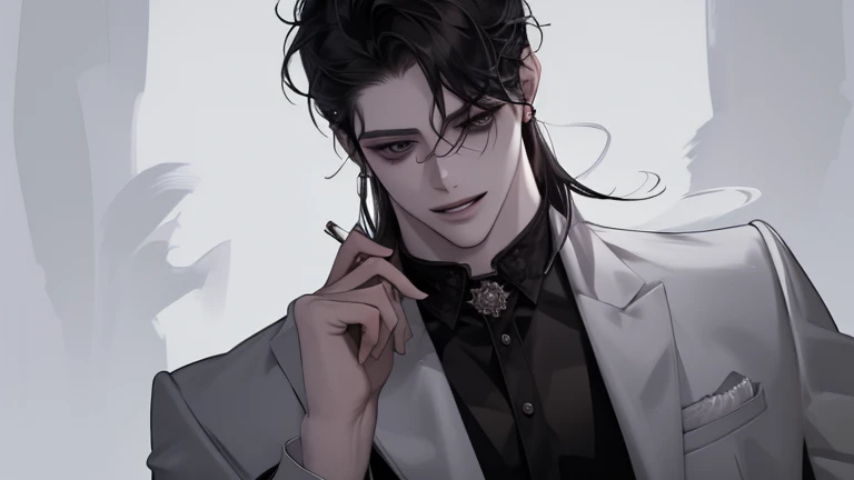 male, solo, adult, pale_skin, fair_skin, muscular, tall,black hair, No decoration, (mullet hair), loose shirt, (Three-Piece gray Suit), black eyes, tsurime, slanted_eyes, formal_dress, smile, illustration, upper_body, front view, leaning_back, (holding_cig...