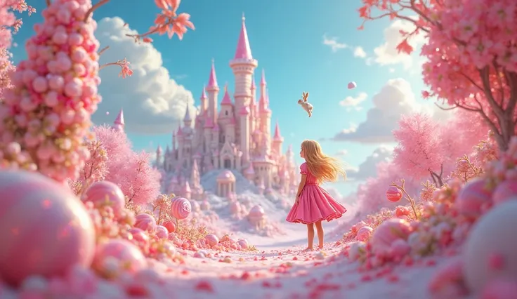 Create a candy forest with a candy castle in the background A girl in a pink dress and loose blond hair with a rabbit crossing the cloud. in cartoon 3d format