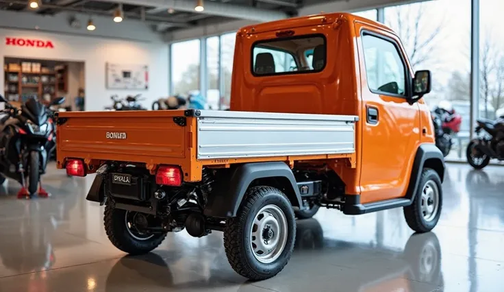 Prompt: "A compact and highly practical 2025 Honda Acty Truck displayed in a modern indoor showroom with bright lighting. The vehicle is shown from a full back right-side angle, showcasing its functional flatbed cargo area with silver side panels and a stu...