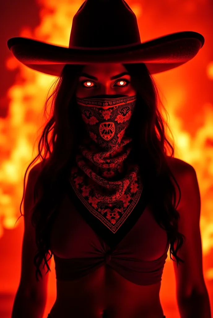 A striking figure emerges against a backdrop of fire, exuding an aura of mystery and intensity. The character, adorned with a sombrero, features hauntingly glowing eyes and a bandana emblazoned with a MOBxFala motif that obscures the lower half of their fa...