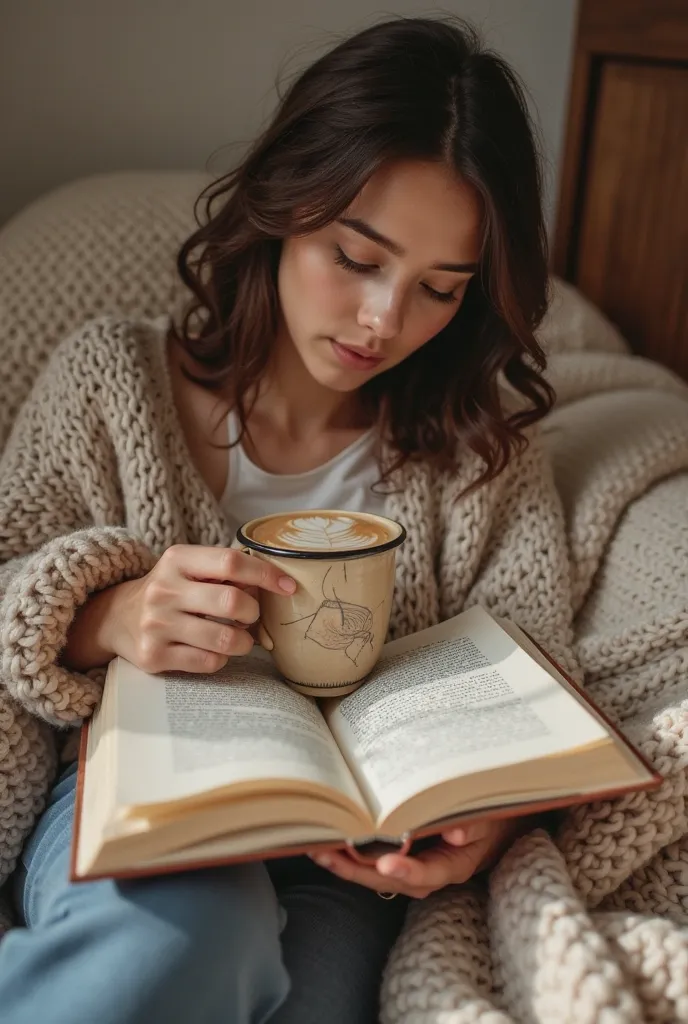 A flat lay of an open book, a warm cup of coffee, and soft knitted blankets. a girl reading it