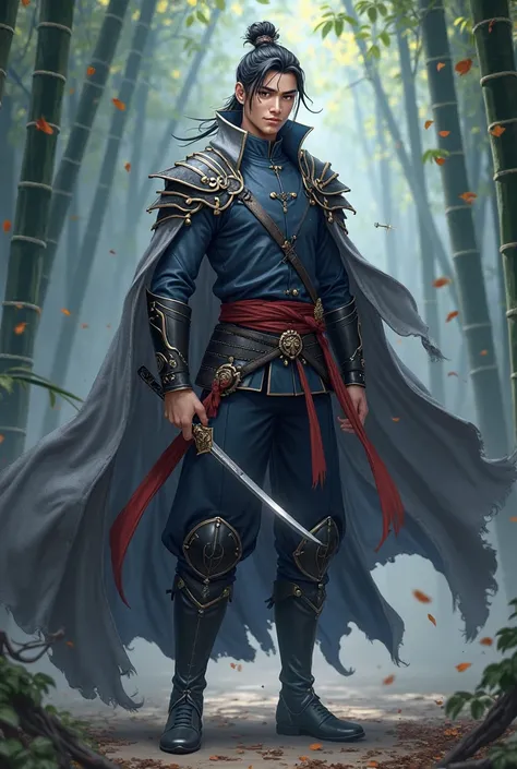 to design the image of a Chinese-style 3D anime full of Jianghu Knight， male。is dressed in a dark blue suit，and a gray one on the outside The cape， the cape flutters with the wind 。has a strong black leather wrist and knee pad，with a red belt around the wa...