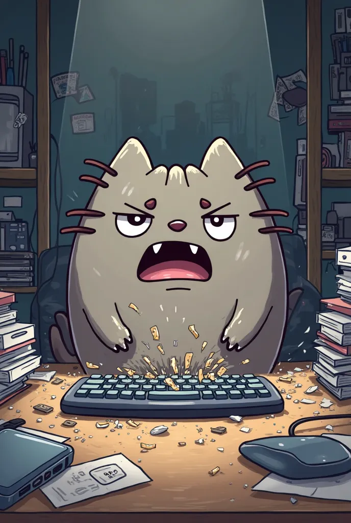 angry pusheen destroying a keybord