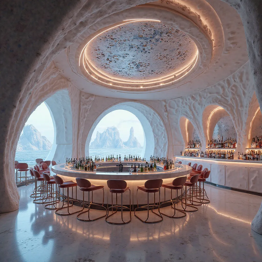 a futuristic, sci-fi-inspired bar with a sleek and immersive design. The interior features curved, organic shapes that blend seamlessly into the walls, ceiling, and bar counter, creating an almost spaceship-like atmosphere. The bar is centrally positioned,...