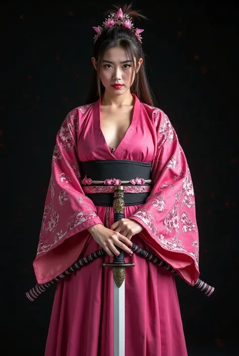 A brunette evil korean hashira girl big breasts long thik legs wearing pink kimono and holding a white katana stands with giving pose and black background taking a realistic photo