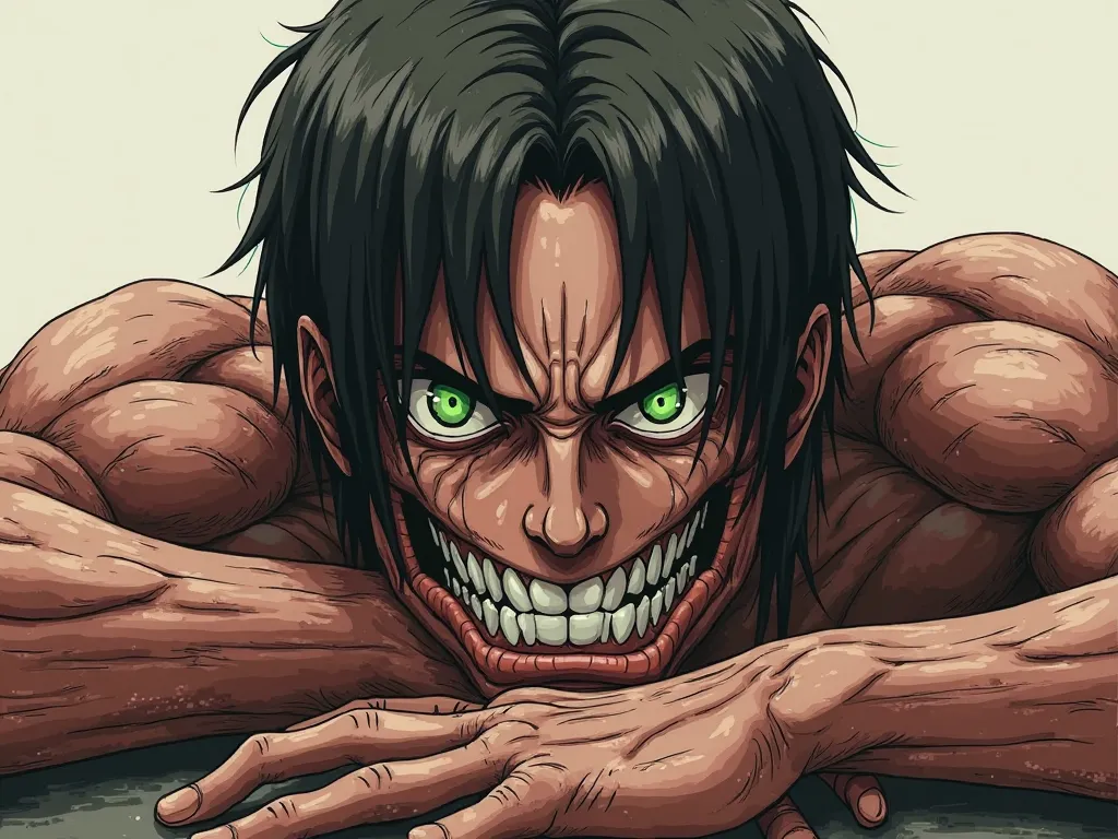 Titan's face Eren Yeager (Attack Titan) right pictures,  lies with green eyes 